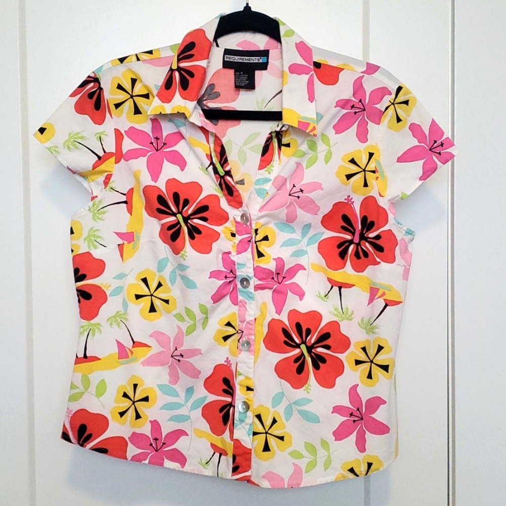 Requirements sz 14 white floral button front top